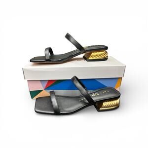 NWB Katy Perry The Framing Low Heel Sandals Black/Gold Square Toe Women’s Size 5